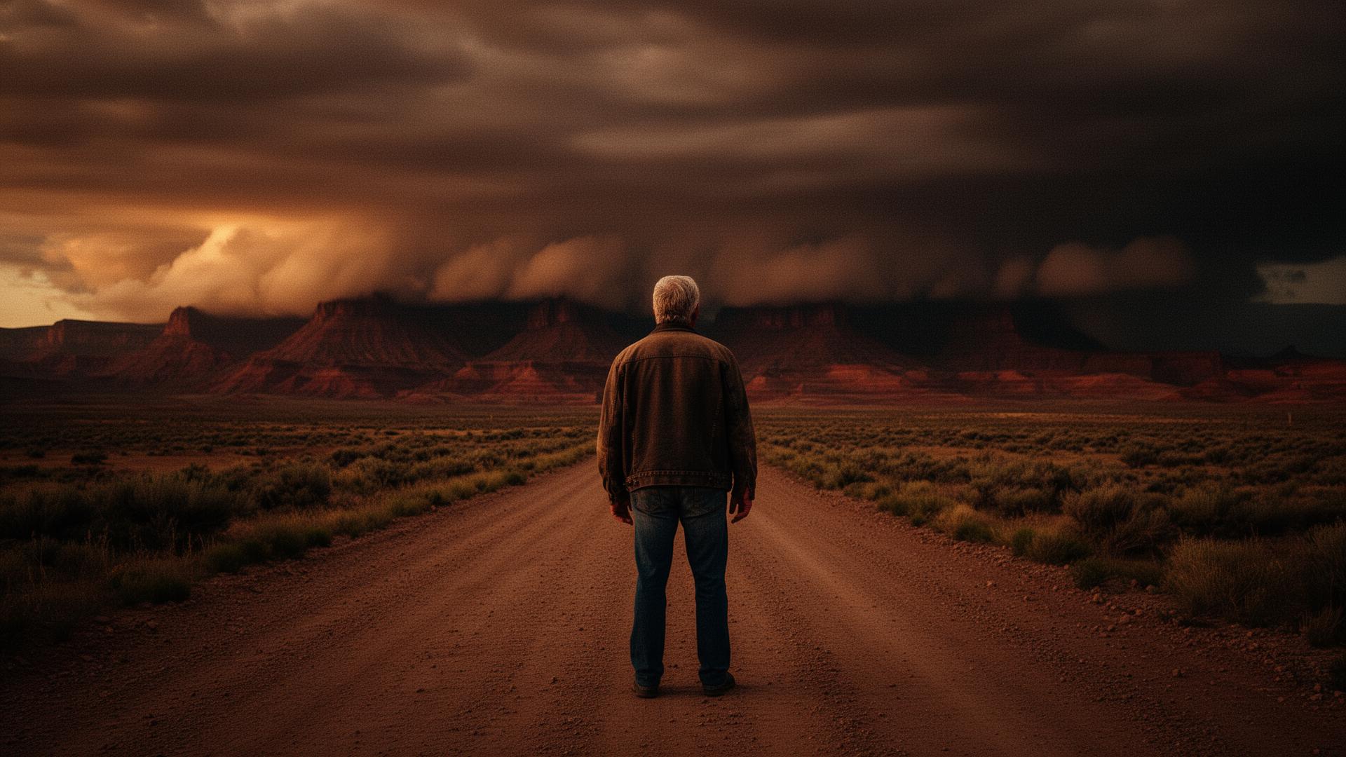 Man on a Utah road facing a distant storm