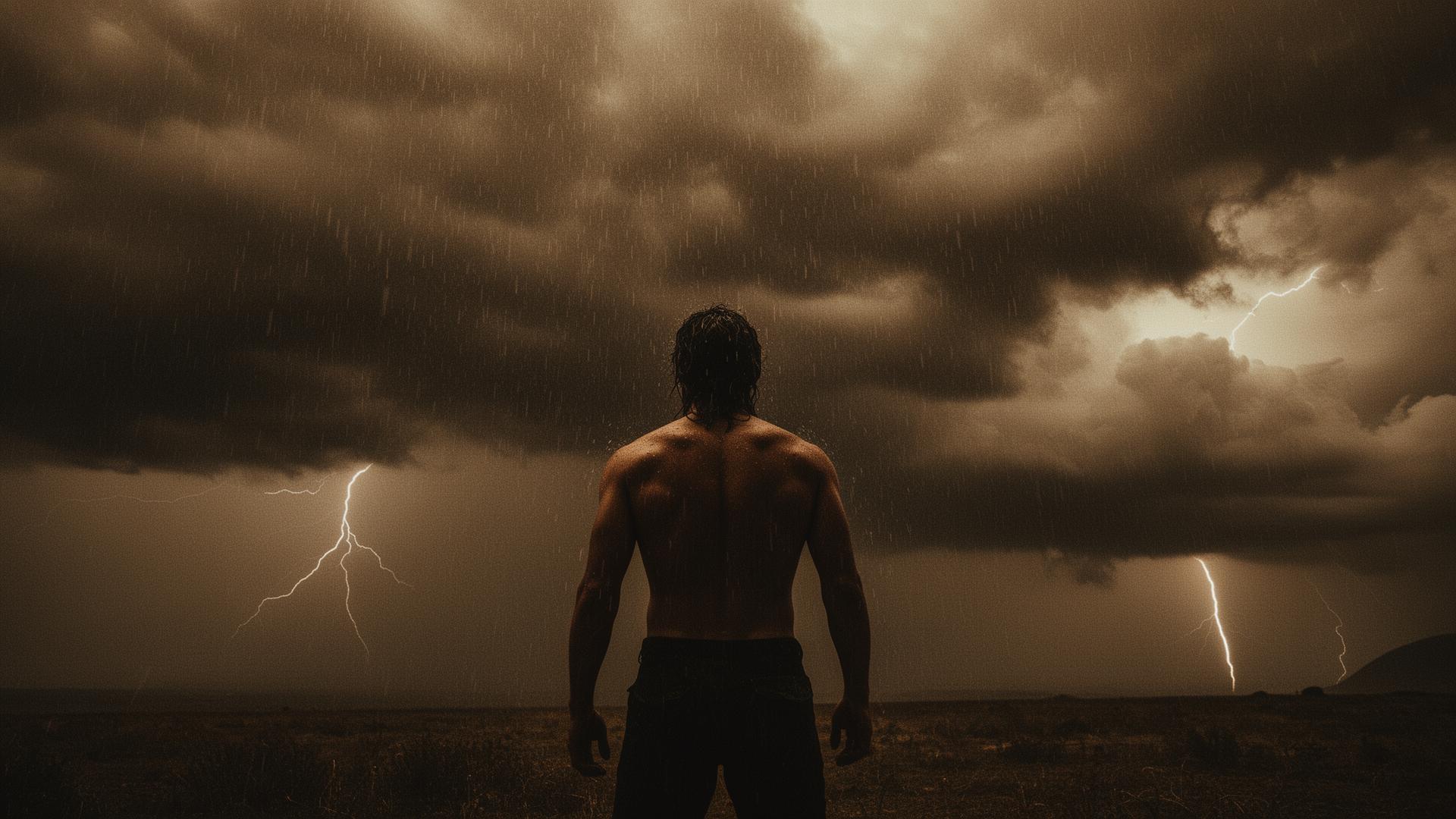 Man facing into the storm
